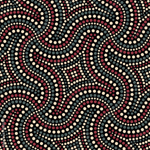 Seamless abstract geometric pattern with wavy dotted lines and concentric dotted squares. Ethnic tribal style with colorful small dots on a black background. Decorative mosaic.