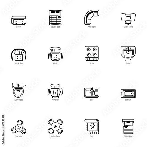 Collection of Home Furniture Line Icons 

 photo