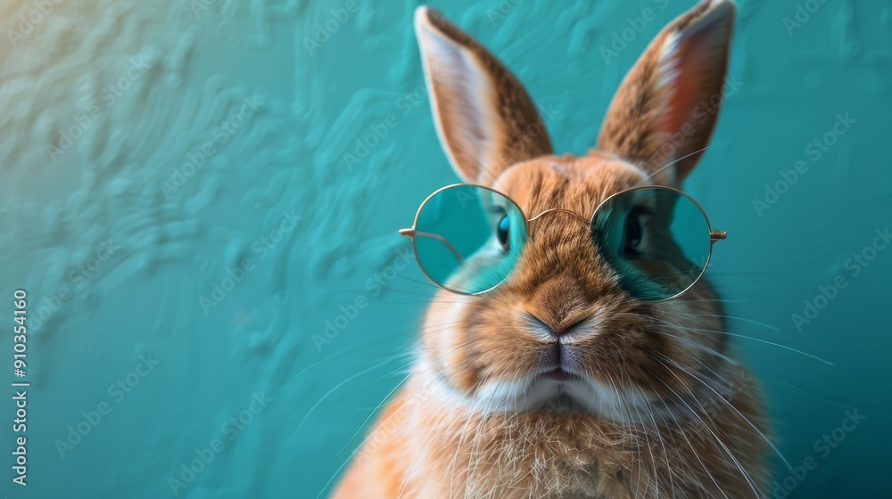 Cute red rabbit wearing fashionable round sunglasses posing on blue background Cute red rabbit wearing fashionable round sunglasses posing on blue background