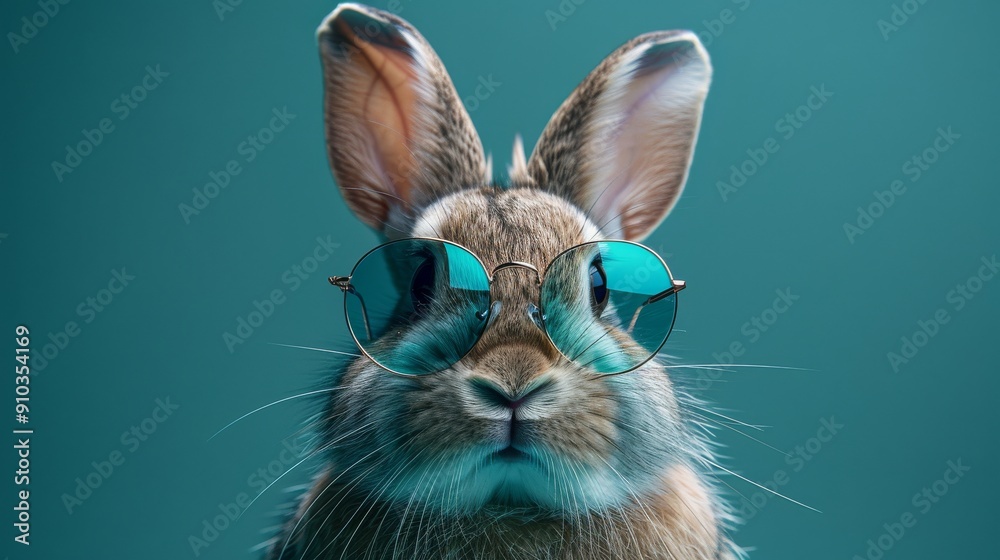 Portrait of a rabbit wearing sunglasses on a turquoise background Portrait of a rabbit wearing sunglasses on a turquoise background