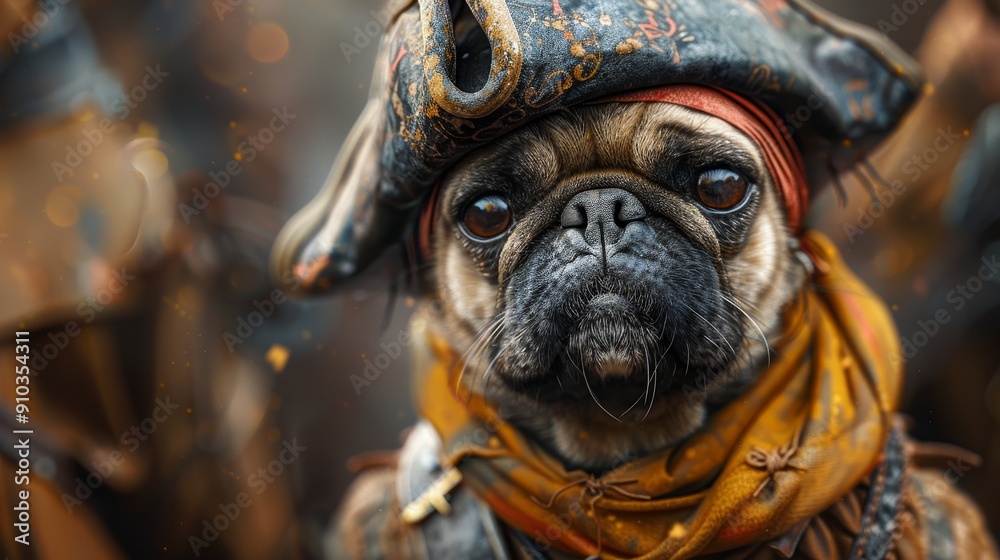 Pug dog wearing pirate costume posing at renaissance fair Pug dog wearing pirate costume posing at renaissance fair