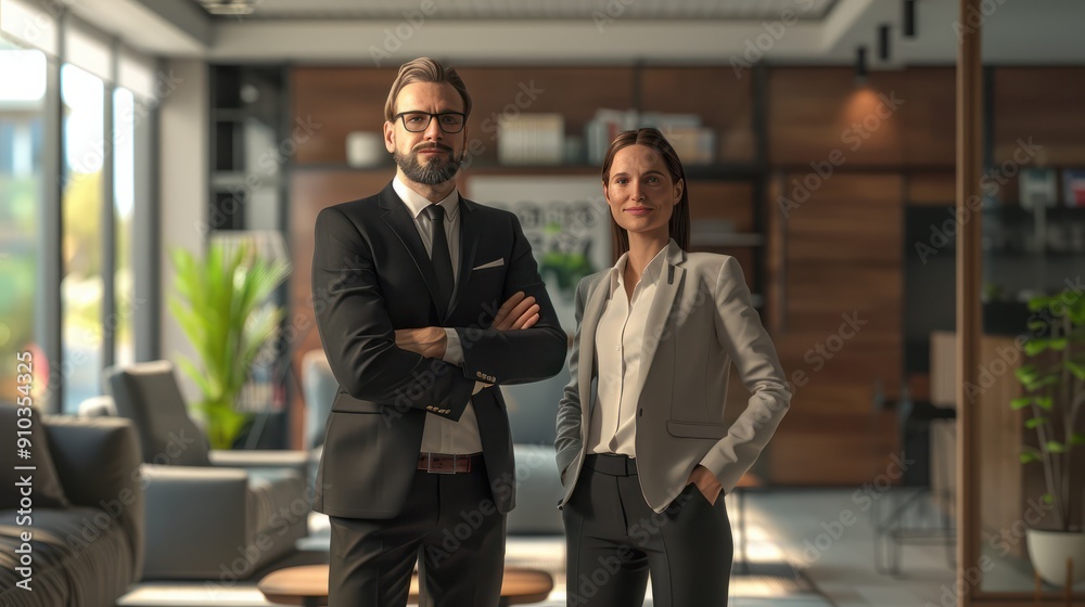 Two businessmen standing together in the office Confident male and female professionals in open plan workplace
