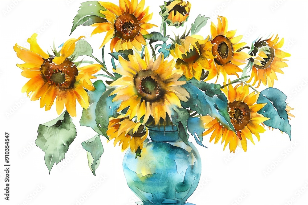 A blue vase filled with sunflowers. The sunflowers are in full bloom ...