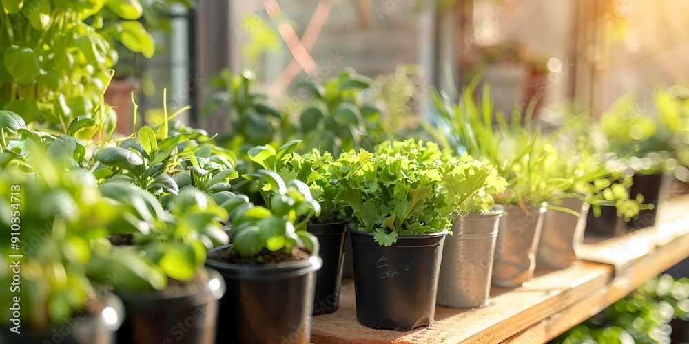 A row of potted plants with green leaves sit on a wooden shelf. The plants are arranged in various sizes and shapes, creating a visually appealing display