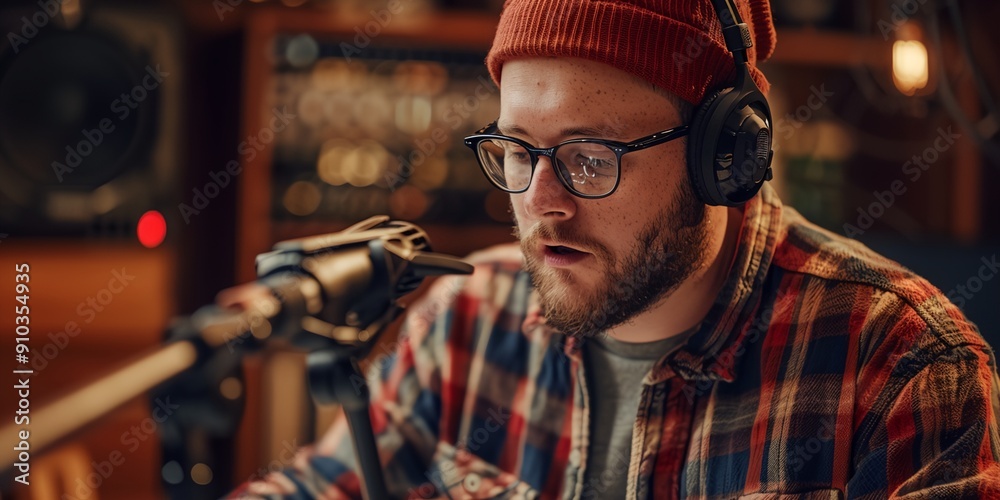 A man wearing glasses and a red hat is recording a podcast. He is wearing a plaid shirt and has a microphone in front of him A man wearing glasses and a red hat is recording a podcast. He is wearing a plaid shirt and has a microphone in front of him