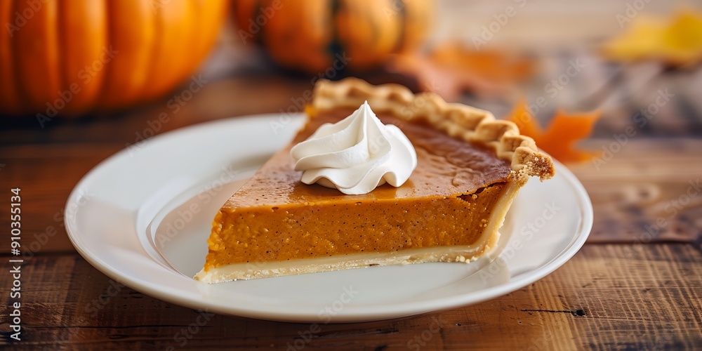 A slice of pumpkin pie with whipped cream on a white plate A slice of pumpkin pie with whipped cream on a white plate