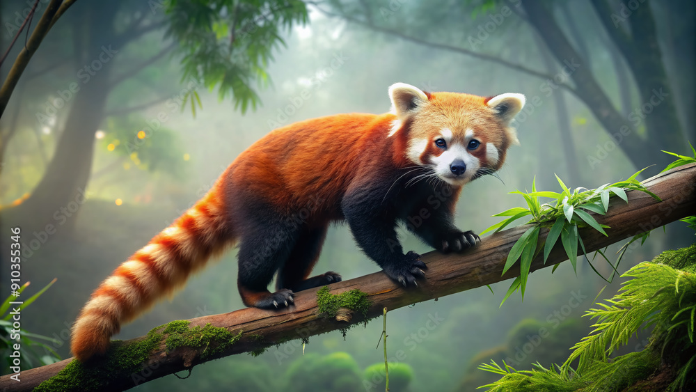 Obraz premium Adorable red panda walks along a misty forest tree branch, its bushy tail twitching, as it grasps the wood with its sharp claws in a serene atmosphere.