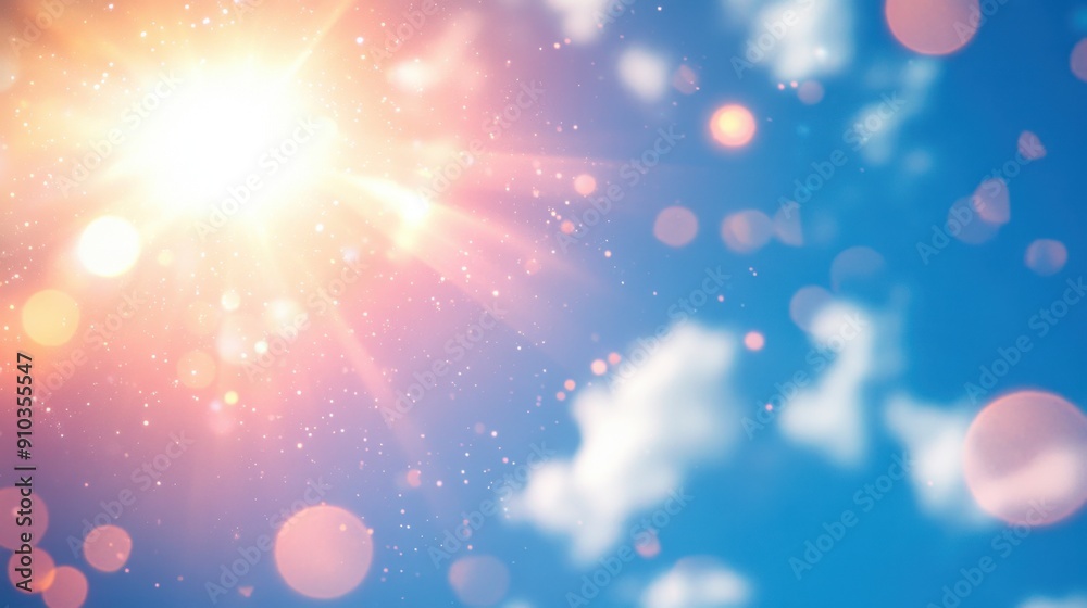 Sunlight effects with lens flare and light leaks on a bright blue sky background. Sunlight effects with lens flare and light leaks on a bright blue sky background.