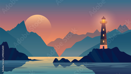 Beautiful lighthouse at sunset. Glowing lighthouse on the rocks illuminating an amazing seascape with rocky coast and mountains. Dangerous waters.