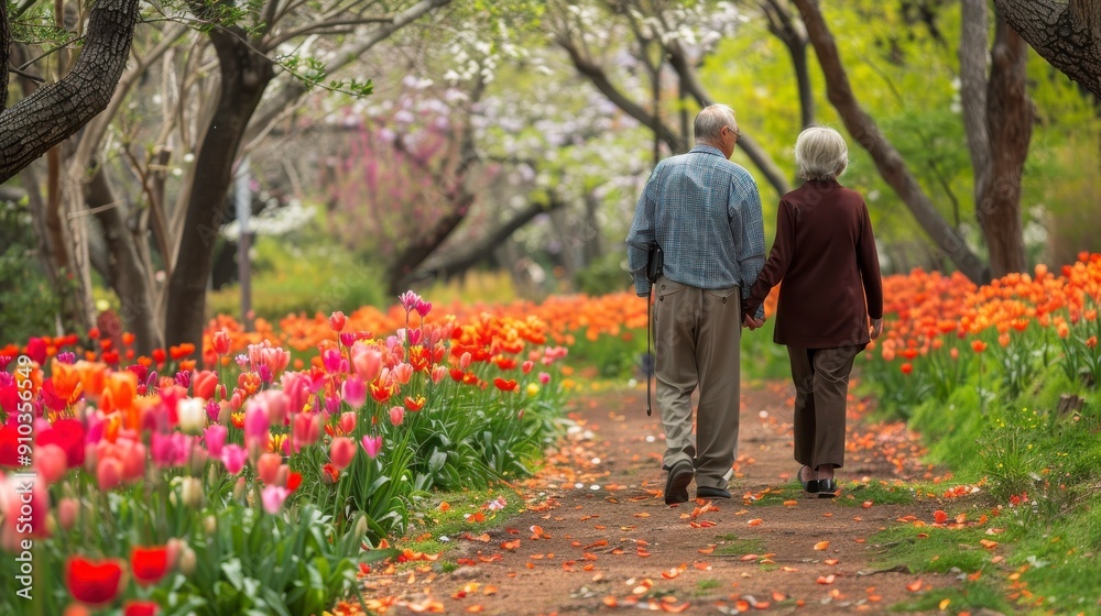 An elderly couple enjoys a leisurely walk through a colorful tulip garden, surrounded by blooming flowers in spring An elderly couple enjoys a leisurely walk through a colorful tulip garden, surrounded by blooming flowers in spring