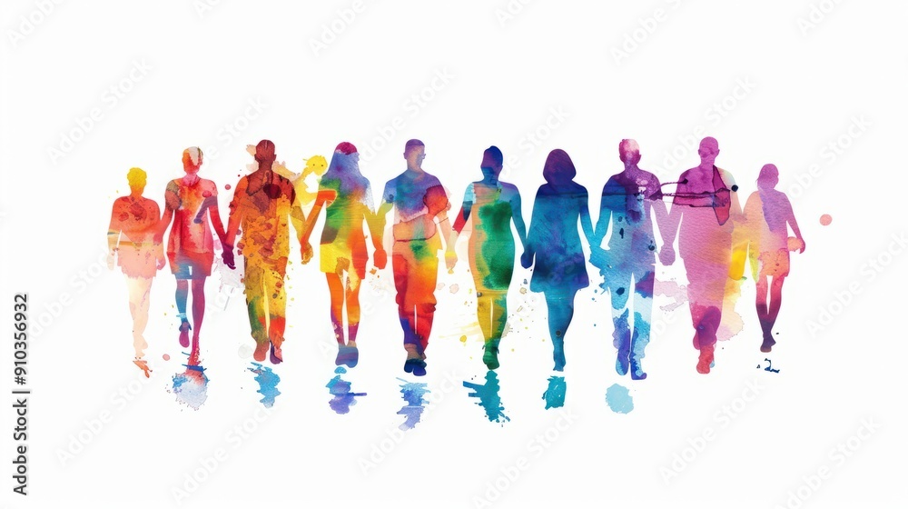 Obraz premium Colorful persons watercolor silhouette white background diversity inclusion concept. DEIB, Equity, Inclusion, Belonging, Peace, Team, Human, Person, Union, Group