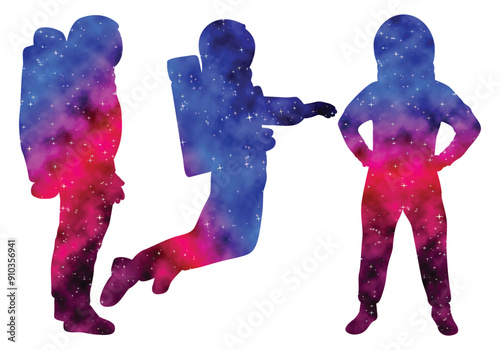 Colorful watercolor Astronaut Silhouette in spacesuits