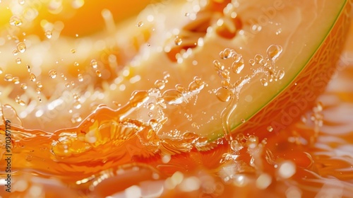 A close-up of a juicy melon slice splashing into a pool of its own sweet nectar photo