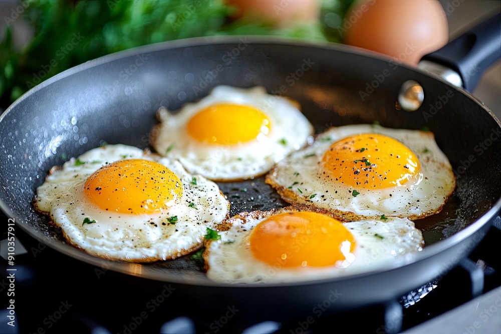 Delicious sunny-side up eggs cooking in a pan with fresh herbs and vegetables Delicious sunny-side up eggs cooking in a pan with fresh herbs and vegetables