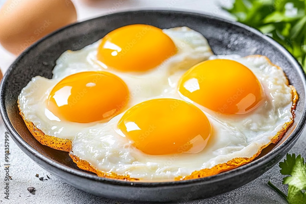 Four golden fried eggs served over lightly toasted bread with fresh herbs on a simple kitchen table Four golden fried eggs served over lightly toasted bread with fresh herbs on a simple kitchen table