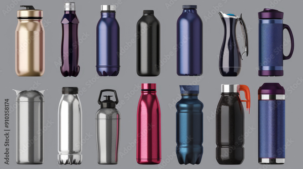 set of modern thermo bottles isolated set of modern thermo bottles isolated