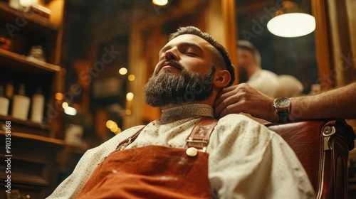 bearded model receiving stylish haircut in luxe barbershop rich wood and leather decor vintage mirrors reflect warm lighting barber and client engaged in friendly conversation