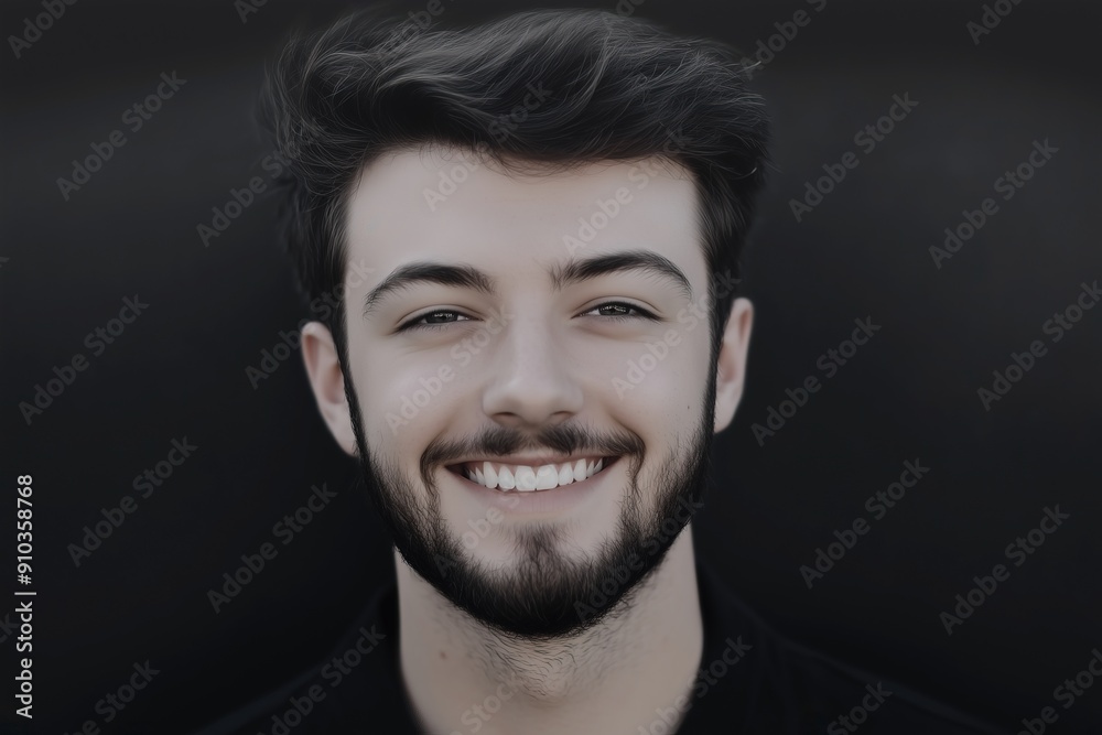 Portrait of young man with beard smiling against dark background Portrait of young man with beard smiling against dark background