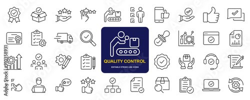 Quality control set of web icons in line style. Quality Check computing icons for web and mobile app. Containing inspection, evaluation, production, quality assurance, certificate, testing and more