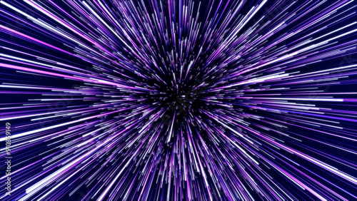 Abstract blue hyper jump. Digital hyperspace with flow of bright particles. Beams motion in galaxy. Big stars explosion. Space glowing tunnel moving at the speed of light. 3d rendering.