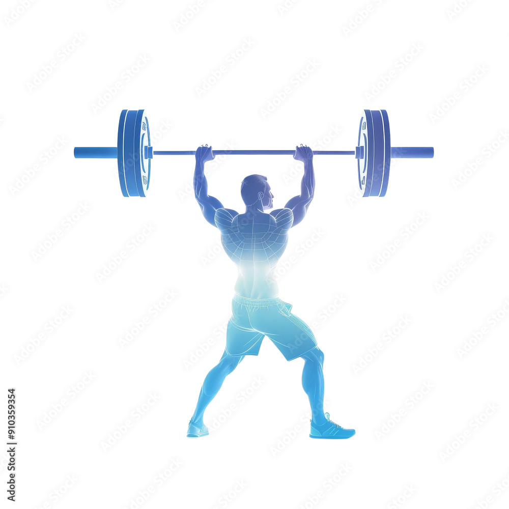 A stylized silhouette of a weightlifter lifting a barbell. The image is blue and white with a black background. A stylized silhouette of a weightlifter lifting a barbell. The image is blue and white with a black background.