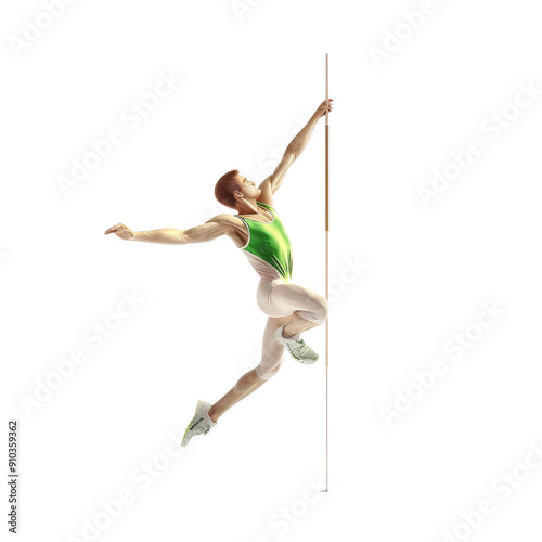 A male athlete mid-air, performing a pole vault photo