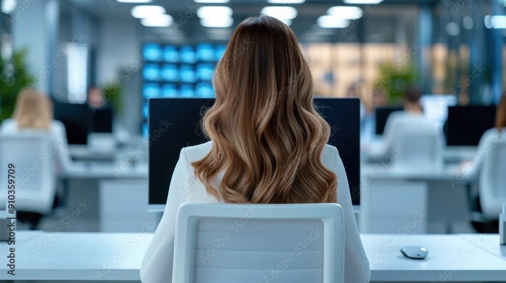 A woman with long wavy hair working on a computer in a bright, modern office environment, focusing on her tasks. A woman with long wavy hair working on a computer in a bright, modern office environment, focusing on her tasks.
