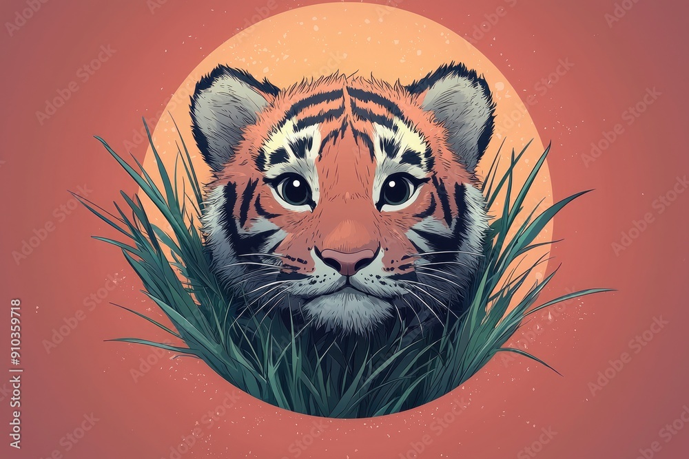 Adorable Tiger Cub Portrait with Grass and Sun Adorable Tiger Cub Portrait with Grass and Sun