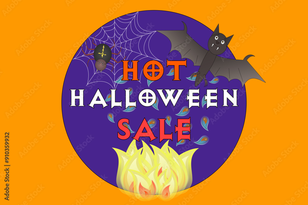 Naklejka premium Eye-catching Halloween sale design featuring a bat, spider, and fire. Ideal for spooky promotional banners and advertisements.