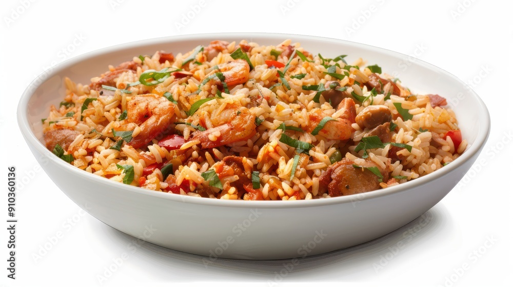 Jambalaya rice food on bowl, isolated white background Jambalaya rice food on bowl, isolated white background