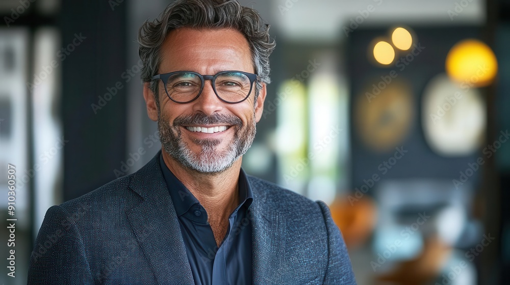 charismatic male executive standing confidently in a modern lightfilled office wearing stylish glasses and a tailored suit exuding leadership and success with a warm approachable smile charismatic male executive standing confidently in a modern lightfilled office wearing stylish glasses and a tailored suit exuding leadership and success with a warm approachable smile