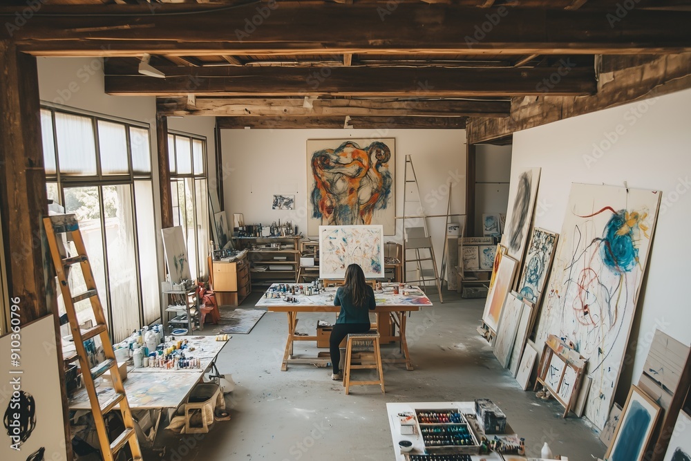 A lone artist working on a painting in a spacious, sunlit art studio filled with artwork and supplies. A lone artist working on a painting in a spacious, sunlit art studio filled with artwork and supplies.