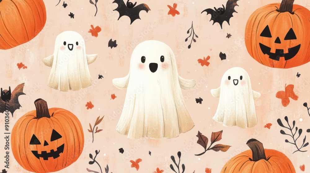 charming halloween illustration featuring friendly ghosts and smiling pumpkins soft delicate color palette creates a whimsical and approachable take on traditional spooky themes charming halloween illustration featuring friendly ghosts and smiling pumpkins soft delicate color palette creates a whimsical and approachable take on traditional spooky themes