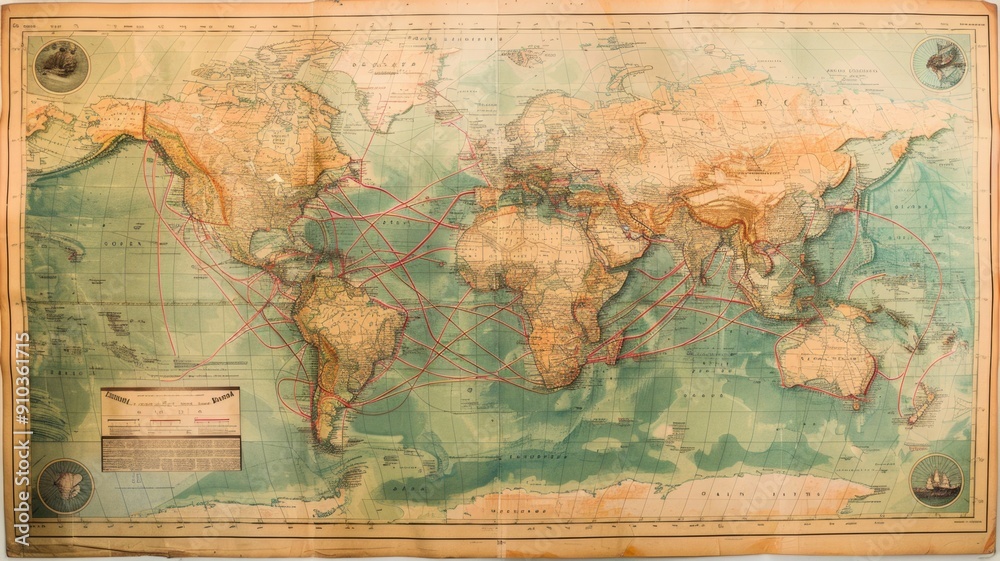 Fototapeta premium A world map with postal routes highlighted, showing how mail connects people across continents