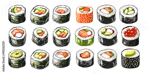 Sushi sashimi assortment cartoon vector set. Rolls nigiri maki rice seafood street fast food fresh japanese gastronomy gourmet cuisine tasty illustrations isolated on white background
