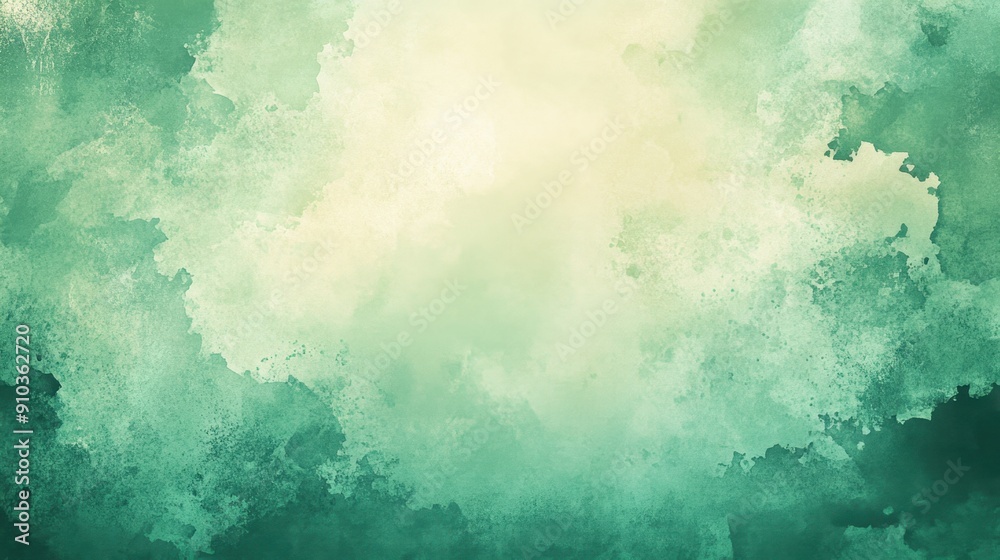 Fototapeta premium Abstract vintage pastel green background with watercolor textures and a faded center.