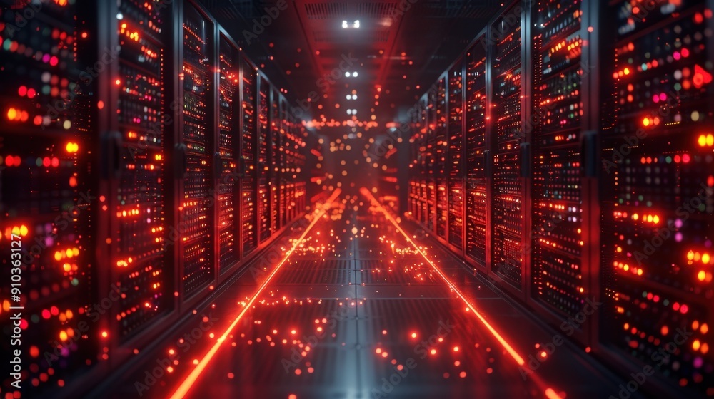 Fototapeta premium High-angle shot of a server room with connectivity and prevention icons, emphasizing secure storage. Space for text.