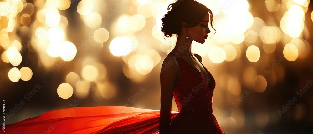 Graceful Elegance: Chic Model in Stunning Evening Attire Amid Ambient Setting Graceful Elegance: Chic Model in Stunning Evening Attire Amid Ambient Setting