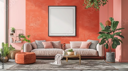 A Modern Living Room with Coral Walls, a White Sofa, and a Large Plant photo