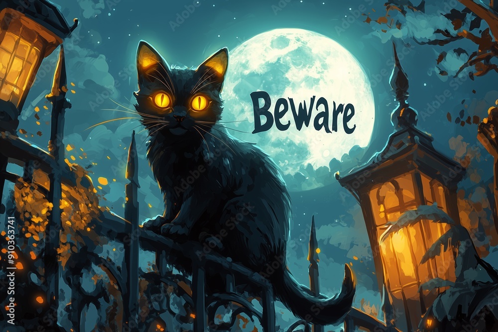 Mystical Black Cat on Spooky Fence Beneath Full Moon with Mystical Black Cat on Spooky Fence Beneath Full Moon with