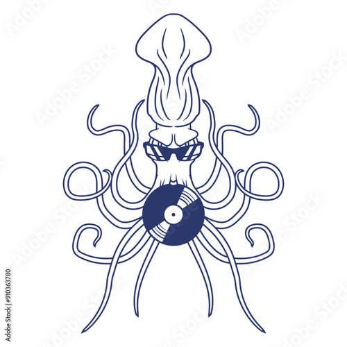 Music Party DJ Octopus Kraken Giant Squid Sea Animal Vinyl Record Plate Sunglasses Headphone Comic Cartoon Funny Techno Sound Dance Fun Time Deejay Cool Loud Club Disco Festival Concert Partying Lover