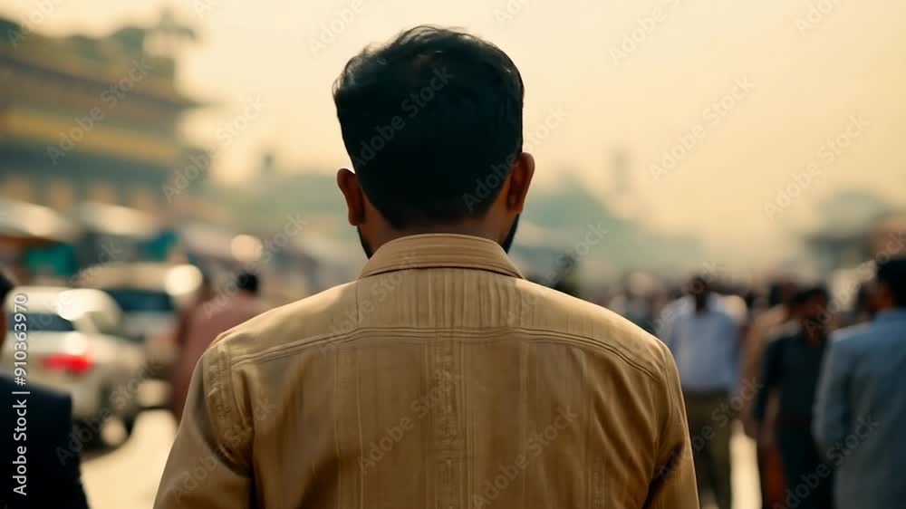 A man stands with his back to the camera, surrounded by a bustling street filled with vehicles and pedestrians during late afternoon A man stands with his back to the camera, surrounded by a bustling street filled with vehicles and pedestrians during late afternoon