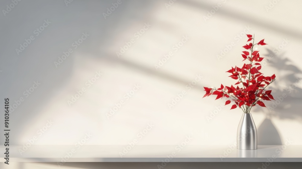 A minimalist Christmas tree with sleek silver ornaments, geometric shapes, and warm white lights, placed on a modern white table with a sleek vase of red poinsettias.