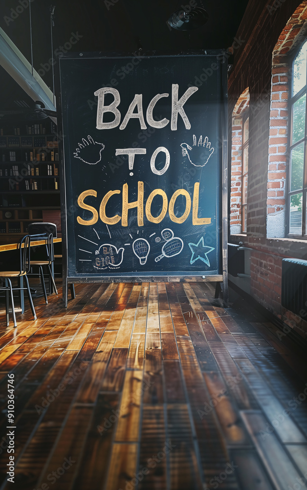 Naklejka premium Blackboard showing back to school concept in an empty classroom