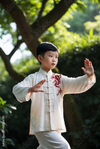 young Asian boy outdoor practising chinese martial art tai chi in beautiful traditional dress photo