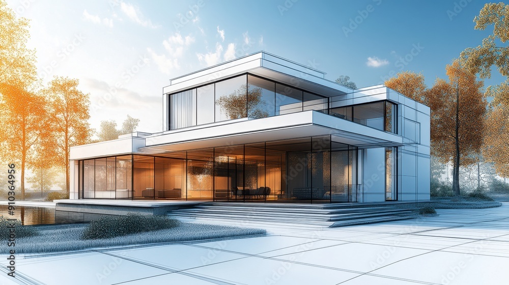 Wireframe rendering of a modern villa with detailed architectural lines and shapes, highlighting the structure. Wireframe rendering of a modern villa with detailed architectural lines and shapes, highlighting the structure.