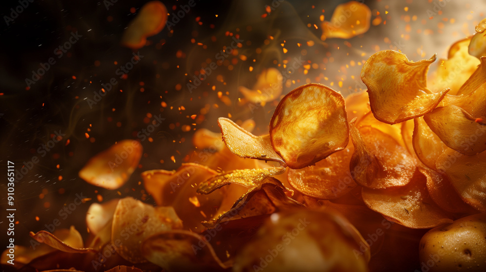 Golden Potato Chips Flying in Mid-Air with Seasoning Golden Potato Chips Flying in Mid-Air with Seasoning