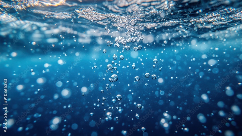 Underwater scene with bubbles rising to the surface, set against a deep blue ocean background. Underwater scene with bubbles rising to the surface, set against a deep blue ocean background.