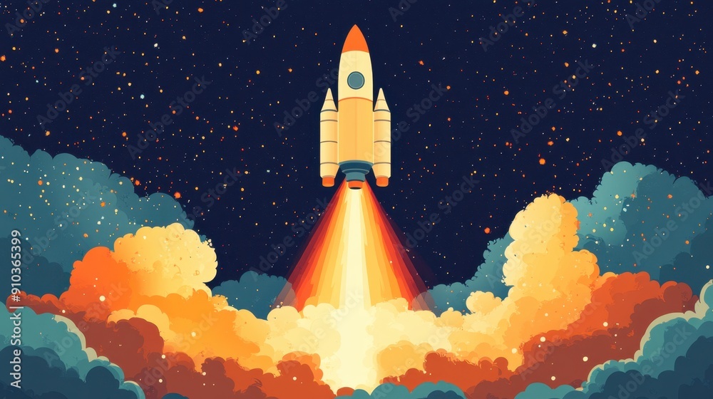 Rocket launch illustration with a rocket blasting off into space, symbolizing the start of a new project. Rocket launch illustration with a rocket blasting off into space, symbolizing the start of a new project.