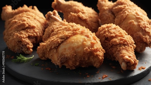 Crispy fried chicken is artfully arranged on a black plate.